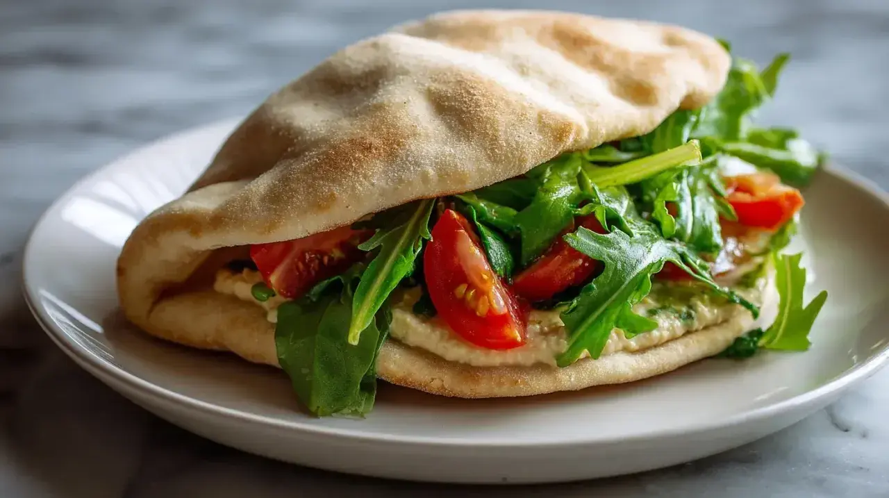 Sandwich pita garni de houmous, roquette et tomates. Une recette simple et savoureuse.