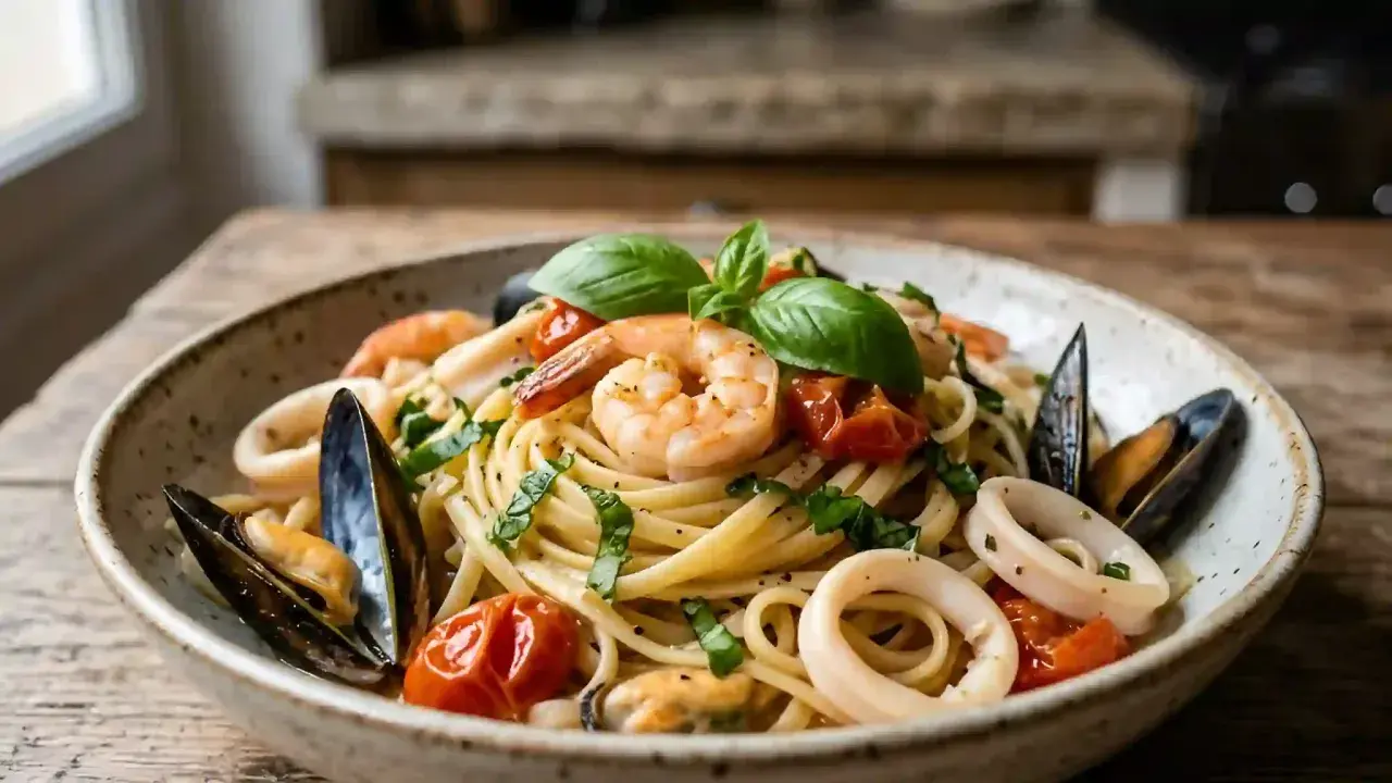 Assiette de pâtes aux fruits de mer : crevettes, calamars, moules et tomates cerises, garnie de basilic frais. Un délice !