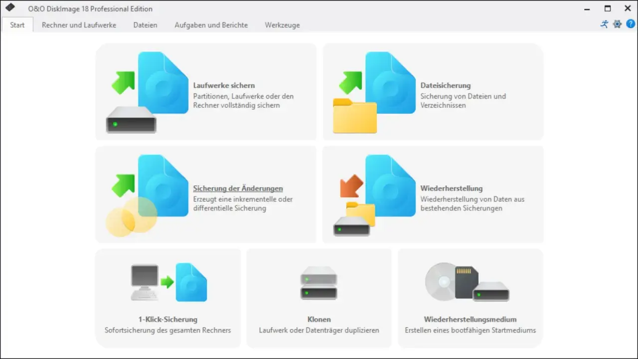 O&O DiskImage 18: Menü für Laufwerkssicherung, Dateisicherung, inkrementelle Sicherung, Wiederherstellung, 1-Klick-Sicherung, Klonen und Erstellung von Wiederherstellungsmedien.
