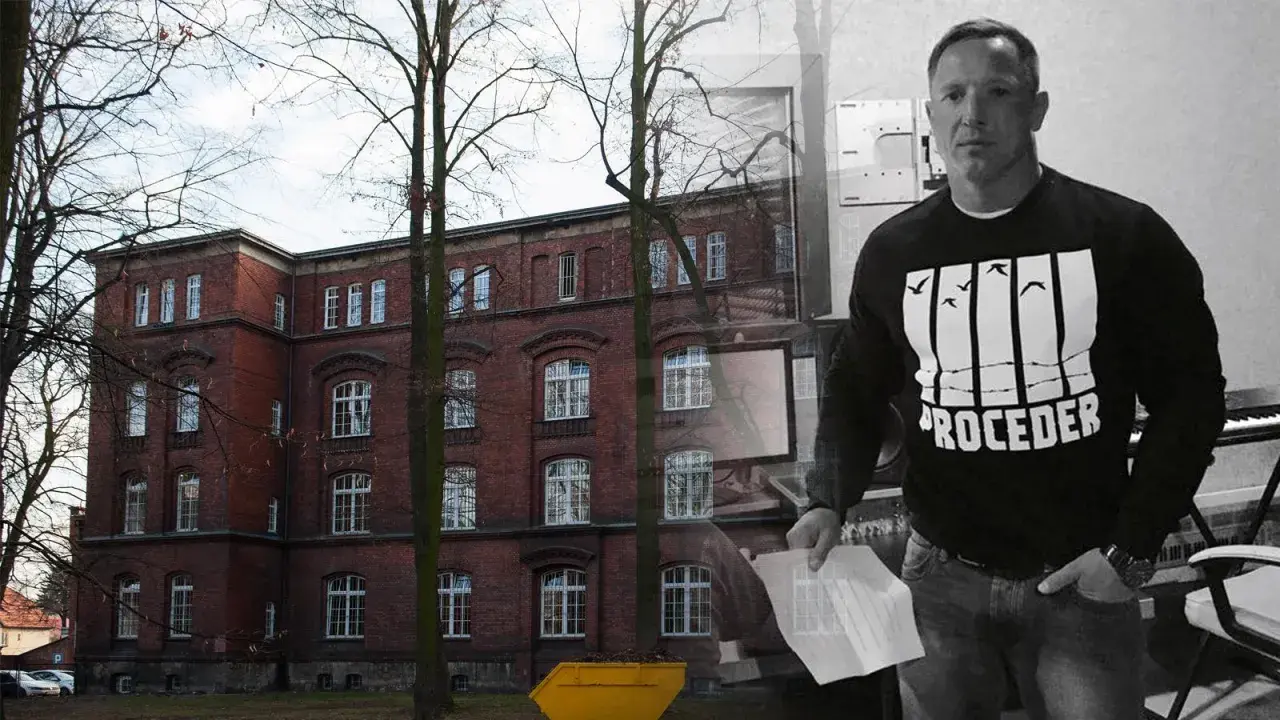 Mroczna historia o tym, jak zginął chada. Ceglany budynek i mężczyzna w bluzie z napisem "PROCEDER" budzą niepokój.