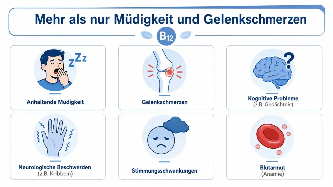 Vitamin B12-Mangel kann zu Schmerzen in den Beinen, Müdigkeit, neurologischen Beschwerden und mehr führen.