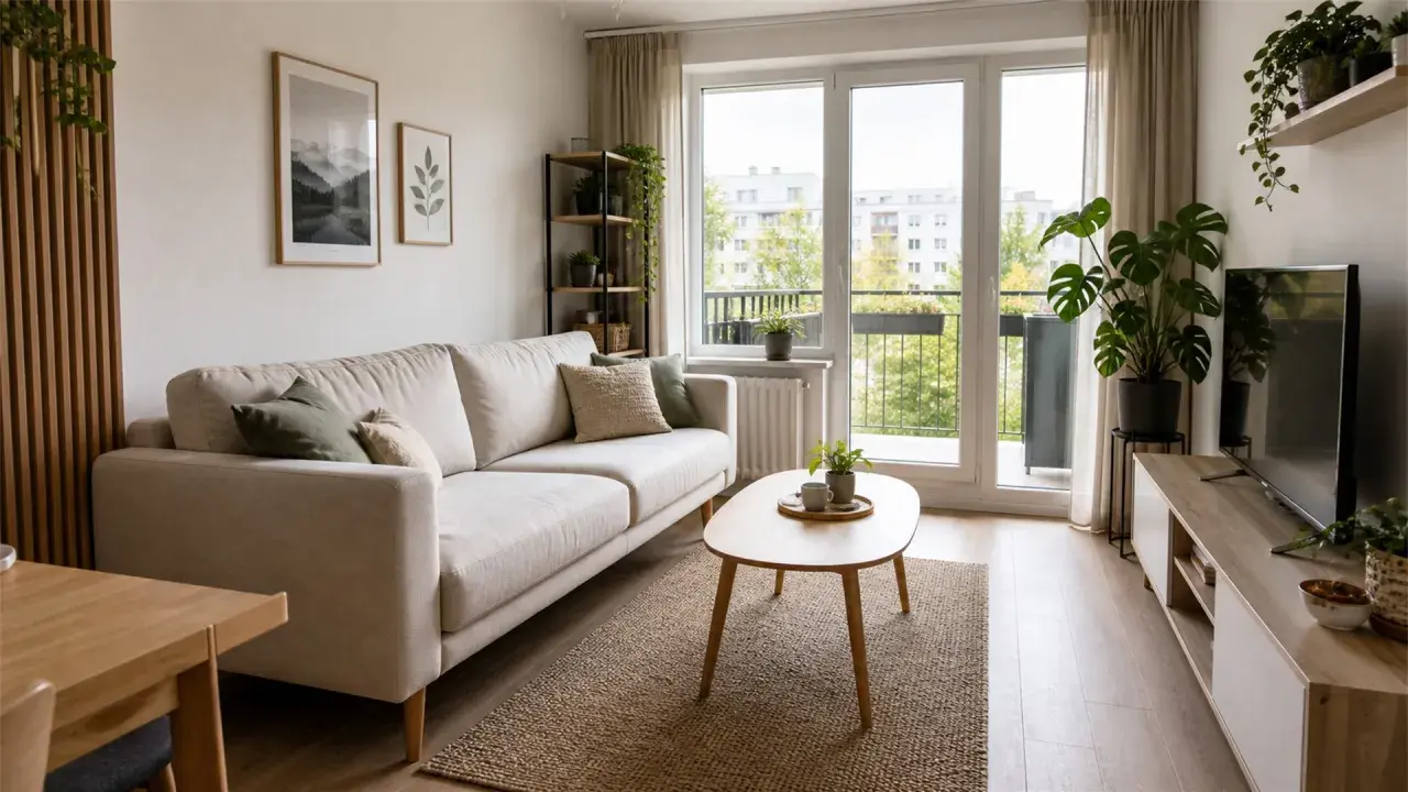 Przytulny salon 20m2 aranżacja: jasna sofa, drewniany stolik, rośliny i widok na zieleń.