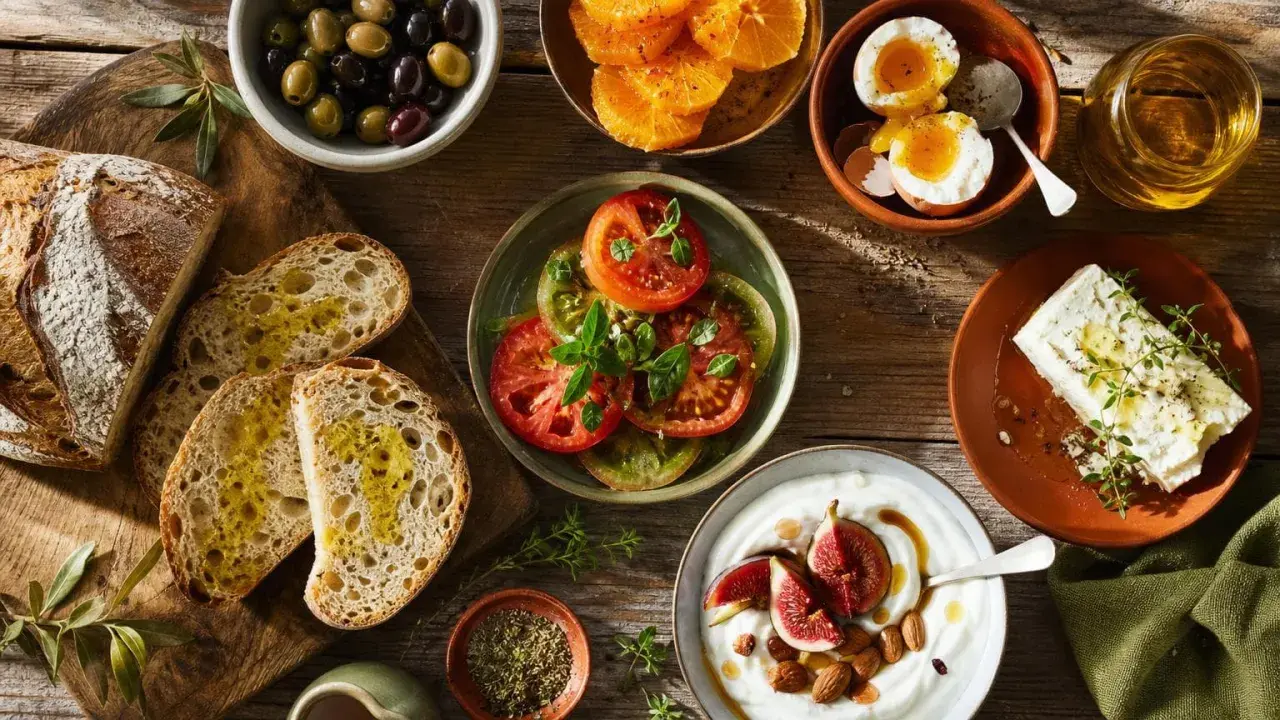 Un petit-déjeuner méditerranéen avec pain, olives, tomates, œufs, fromage, yaourt et fruits. Parfait pour savoir que cuisiner cette semaine.