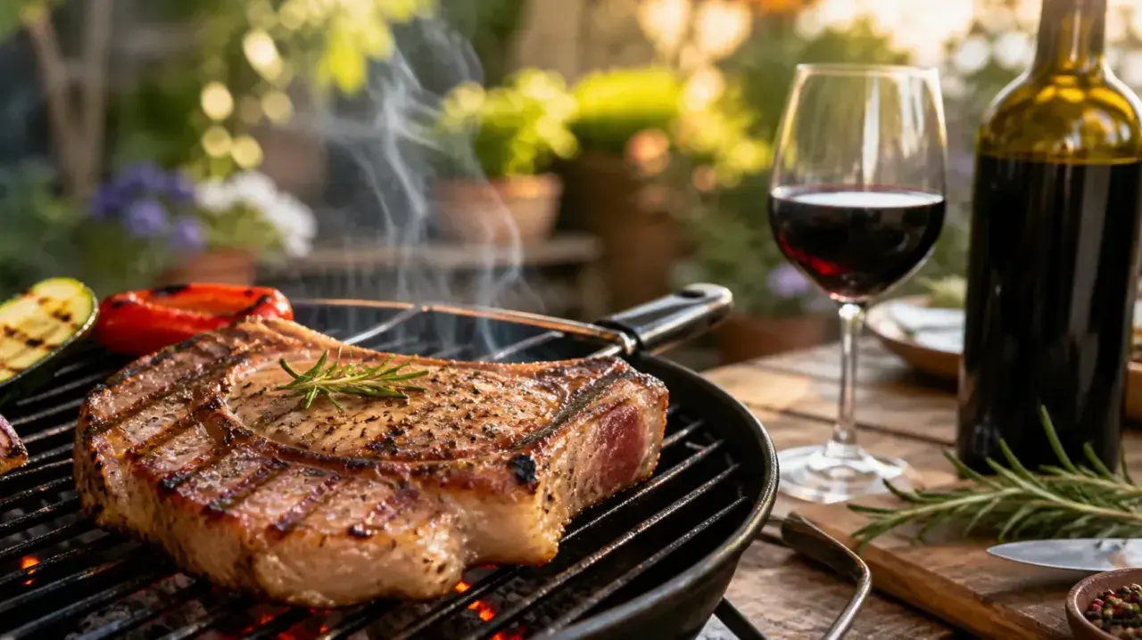 Un succulent steak grillé, des légumes rôtis et un verre de vin rouge. Parfait pour une soirée grillade.