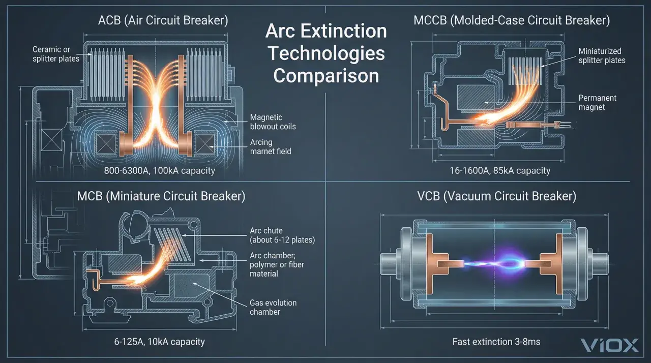 Diagrams comparing arc extinction technologies in ACB, MCCB, MCB, and VCB circuit breakers, illustrating arc quenching methods.