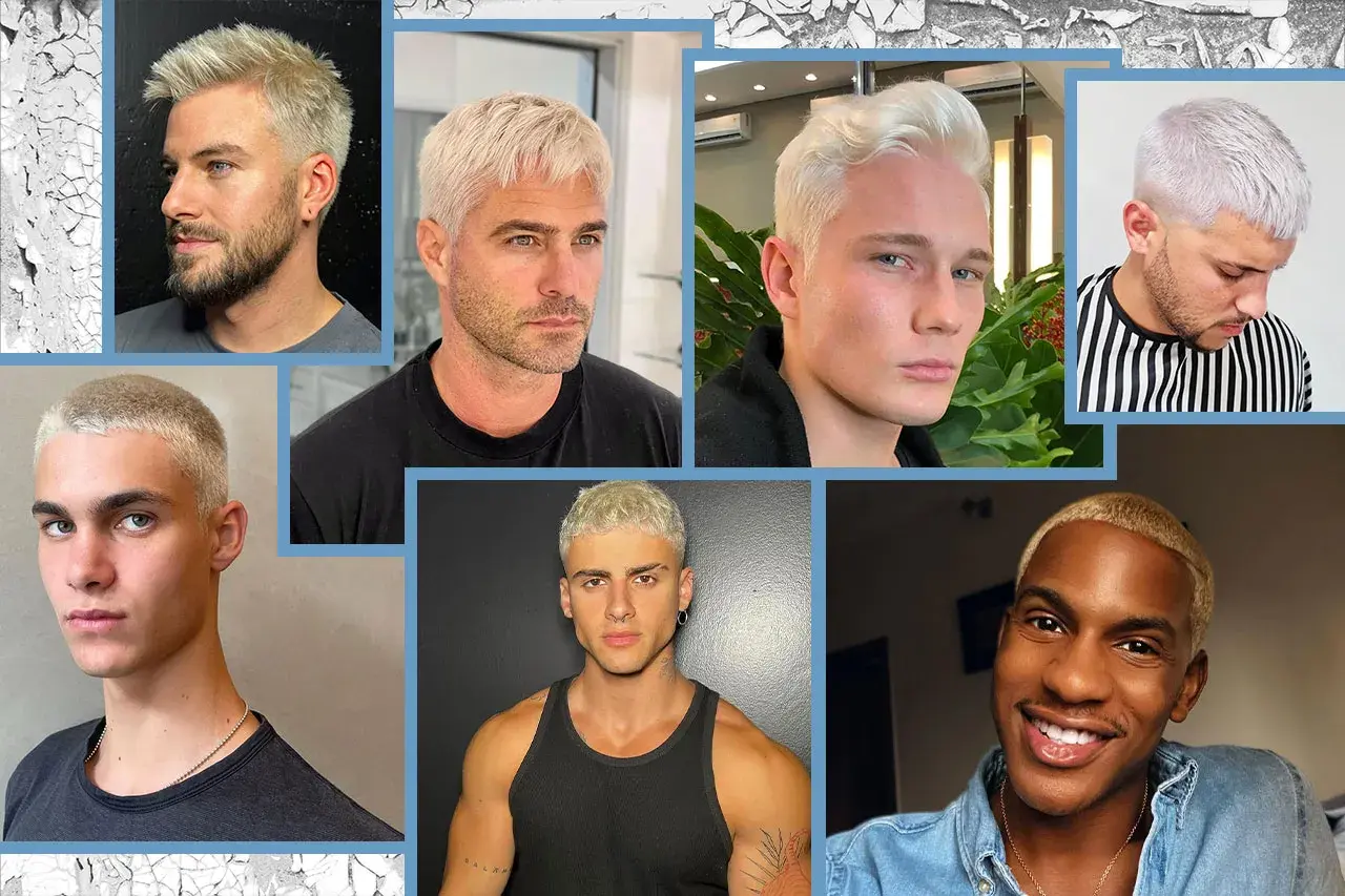 Uomini con capelli platino, tagli corti e look audaci.