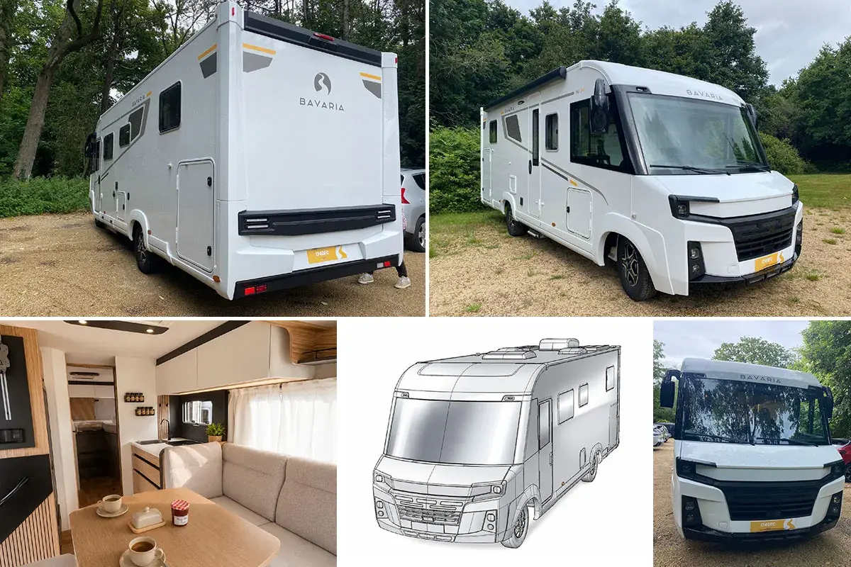 Vue extérieure et intérieure d'un camping-car Bavaria. Le visuel inclut un croquis technique, idéal pour une fiche technique camping-car Pilote.