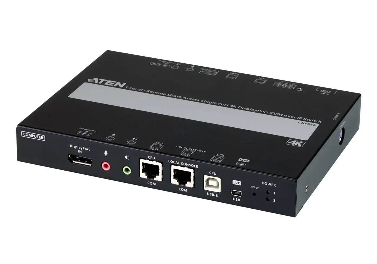 Appareil KVM réseau ATEN CN9950, un switch 4K DisplayPort pour accès local/distant. Il permet de gérer plusieurs ordinateurs via un seul poste.