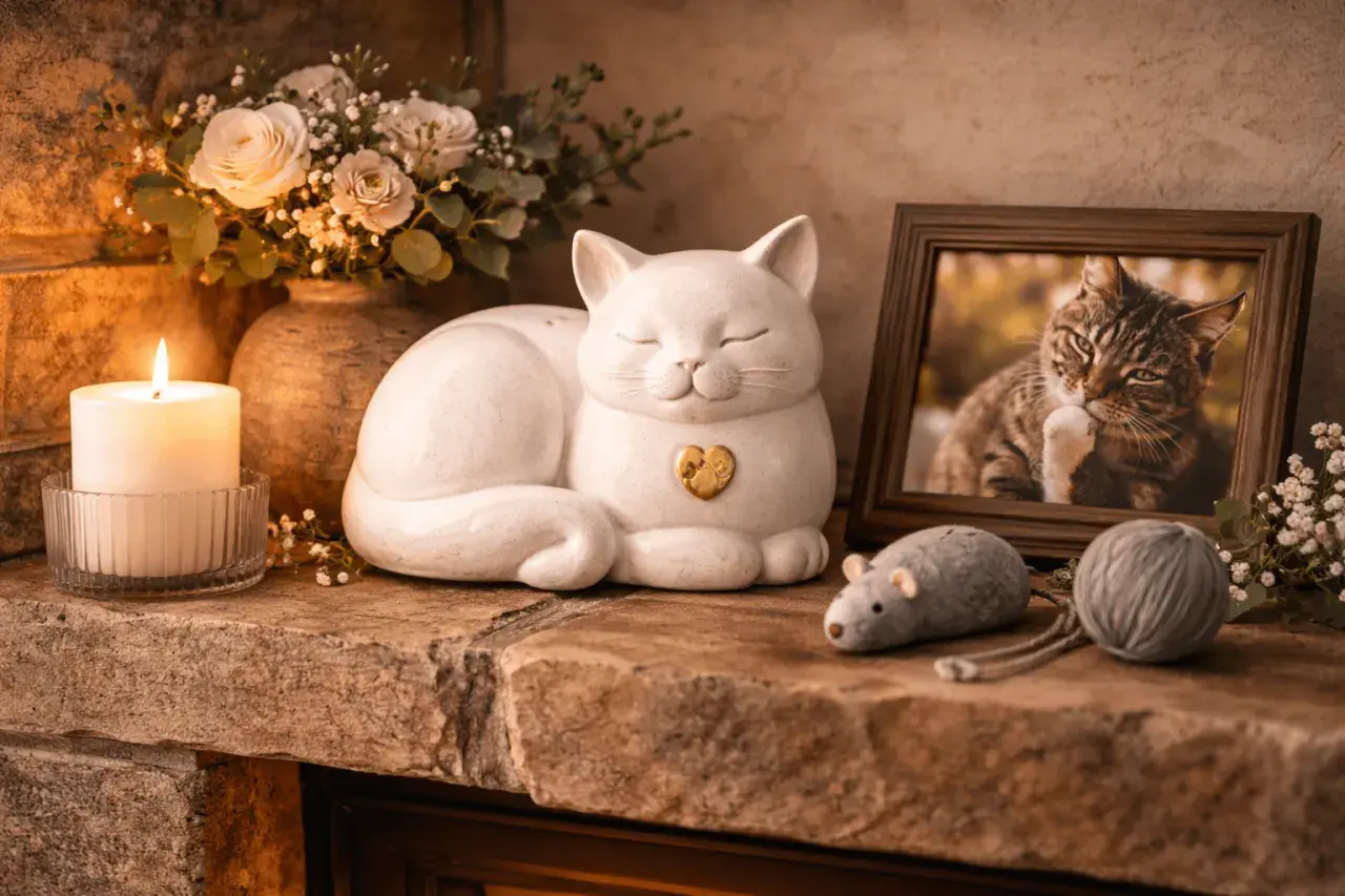 Pamięć o ukochanym kocie: ceramiczny kotek, zdjęcie, świeca i kwiaty symbolizują żałobę po kocie.