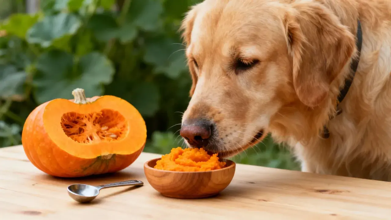 A golden retriever enjoys a healthy meal of pumpkin for dogs from a wooden bowl, with a halved pumpkin nearby.