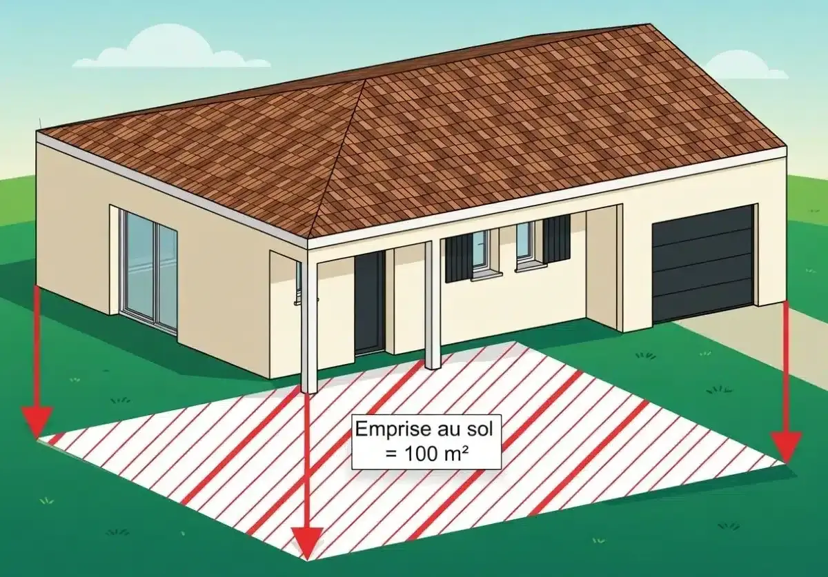 Illustration d'une maison avec garage. Une zone hachurée au sol indique l'emprise au sol de 100 m², délimitée par des flèches rouges.