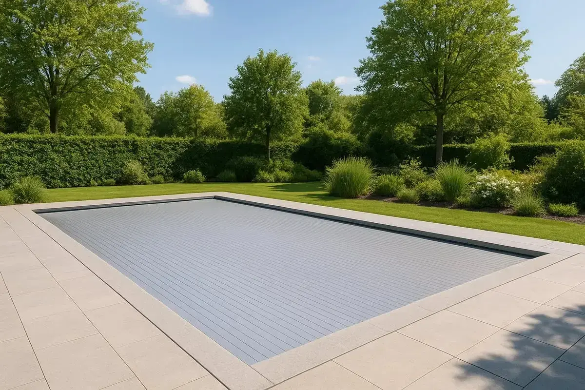 En elegant pool med ett modernt, grått poolskydd. En vacker trädgård med gröna häckar och träd ramar in poolen, perfekt för att bygga eget poolskydd.