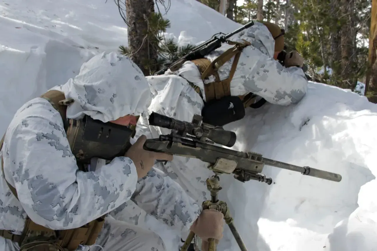 Deux snipers américains en tenue de camouflage hivernal se positionnent dans la neige, l'un visant avec son fusil sniper américain.