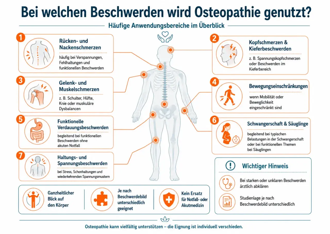Osteopathie hilft bei Rücken-, Kopf-, Gelenk- und Verdauungsbeschwerden, Bewegungseinschränkungen, Schwangerschaft & Säuglingen.