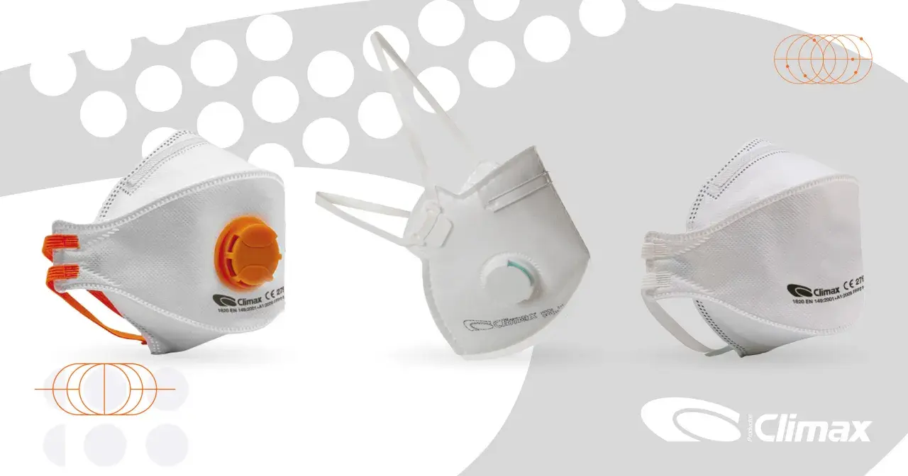 Tres mascarillas FFP2 Climax, con válvula naranja y blanca, listas para proteger.