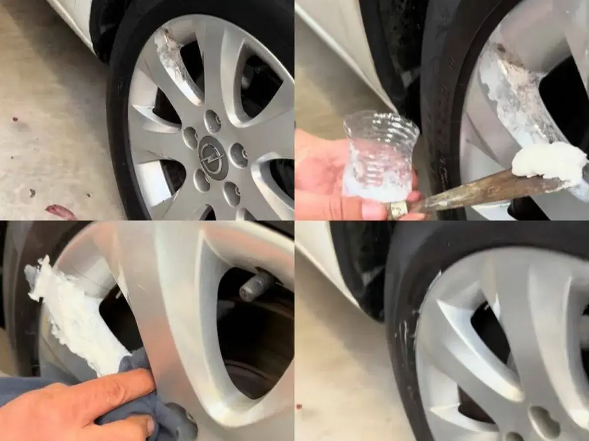 Pasos para reparar llantas de aluminio: aplicación de pasta para rellenar imperfecciones y pulido.