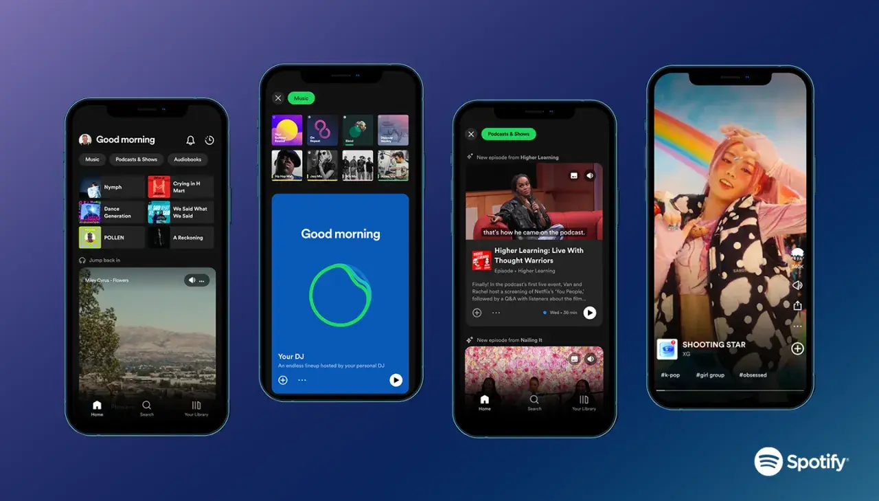 Four phone screens showcase the Spotify app, featuring music, podcasts, and a live video. One screen displays "Good morning" with music options, another shows a podcast episode, and the last features a vibrant music video, highlighting Spotify live exp...