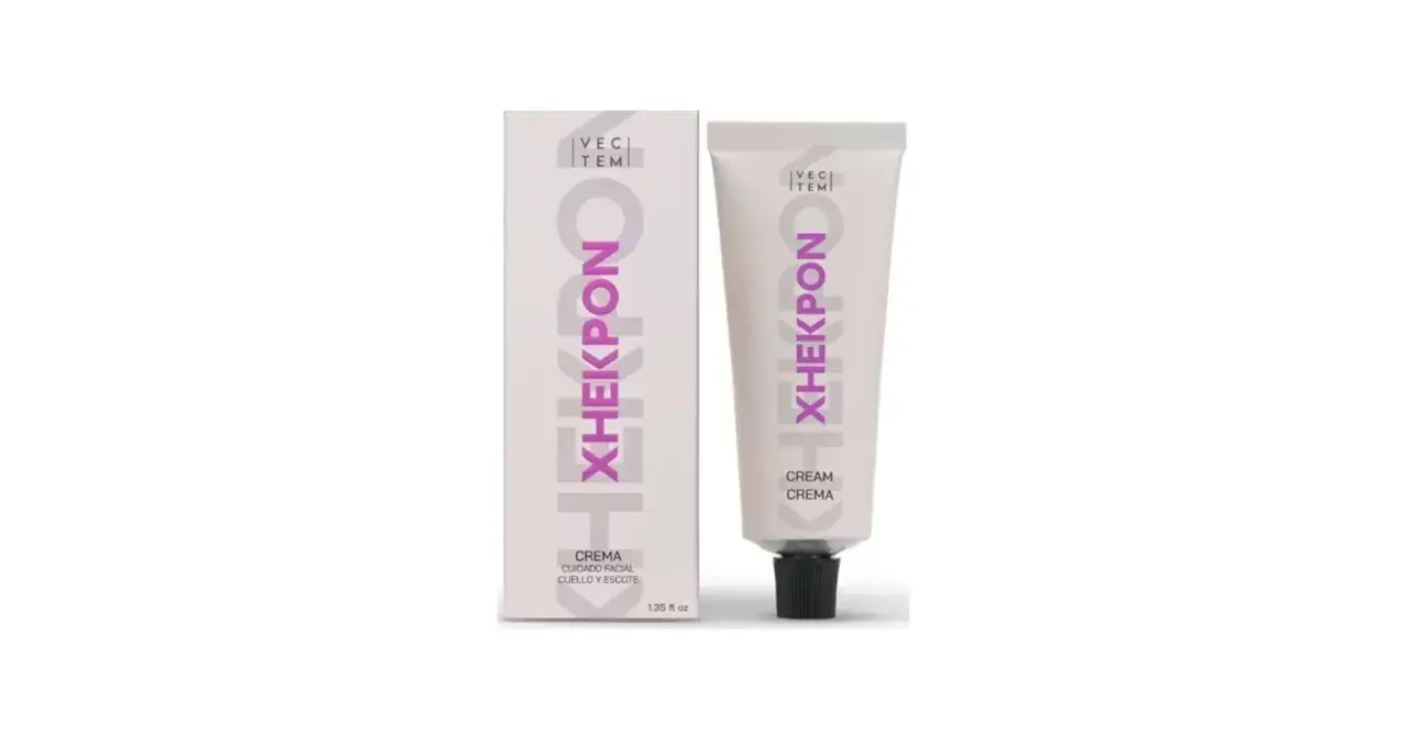 Crema Xhekpon, recomendada por dermatólogos. Caja y tubo de cuidado facial para cuello y escote.