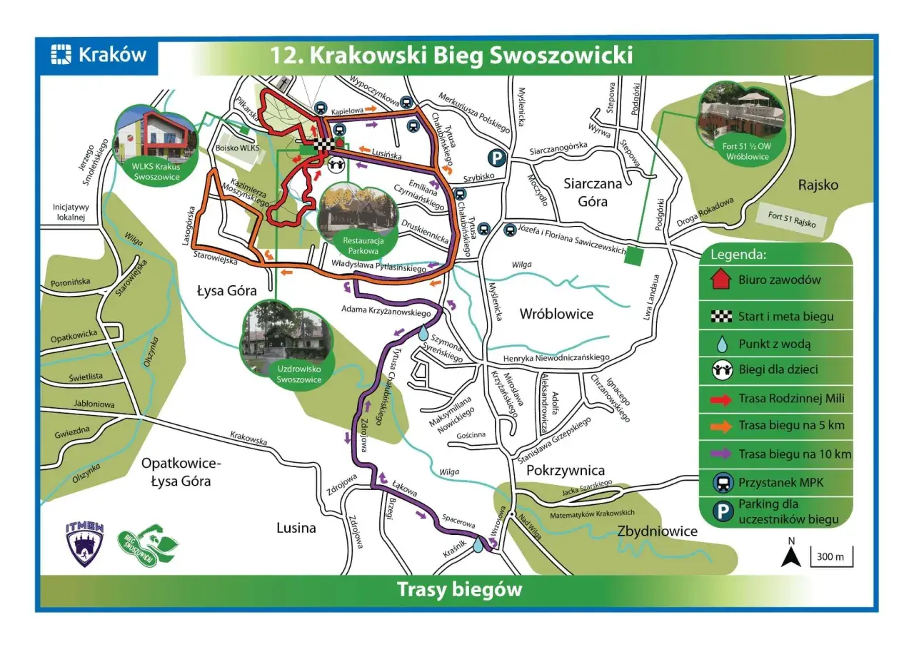 Mapa tras 12. Krakowskiego Biegu Swoszowickiego. Pokazuje dojazd do Swoszowic, punkty startu i mety, punkty z wodą, parkingi i przystanki MPK.