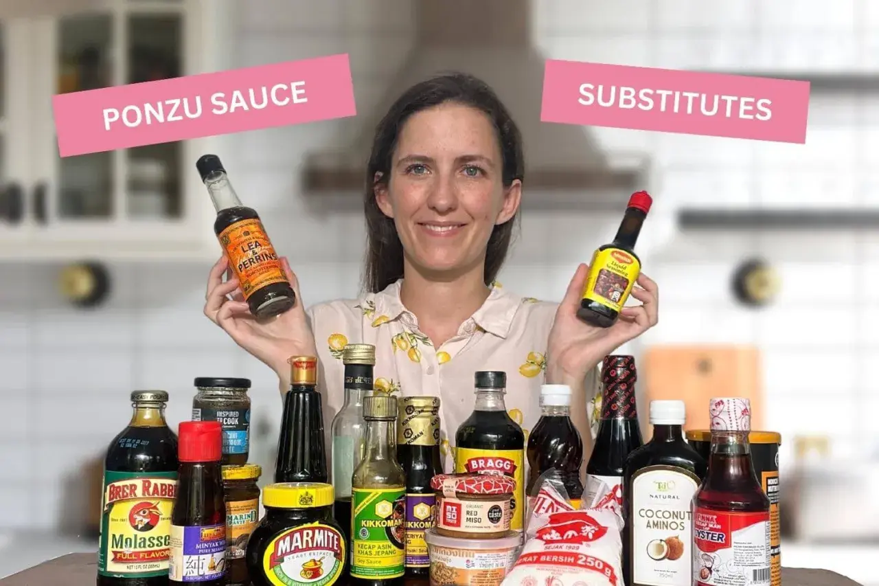 Woman holds Lea & Perrins and Maggi, showcasing various bottles and jars as ponzu sauce substitutes.