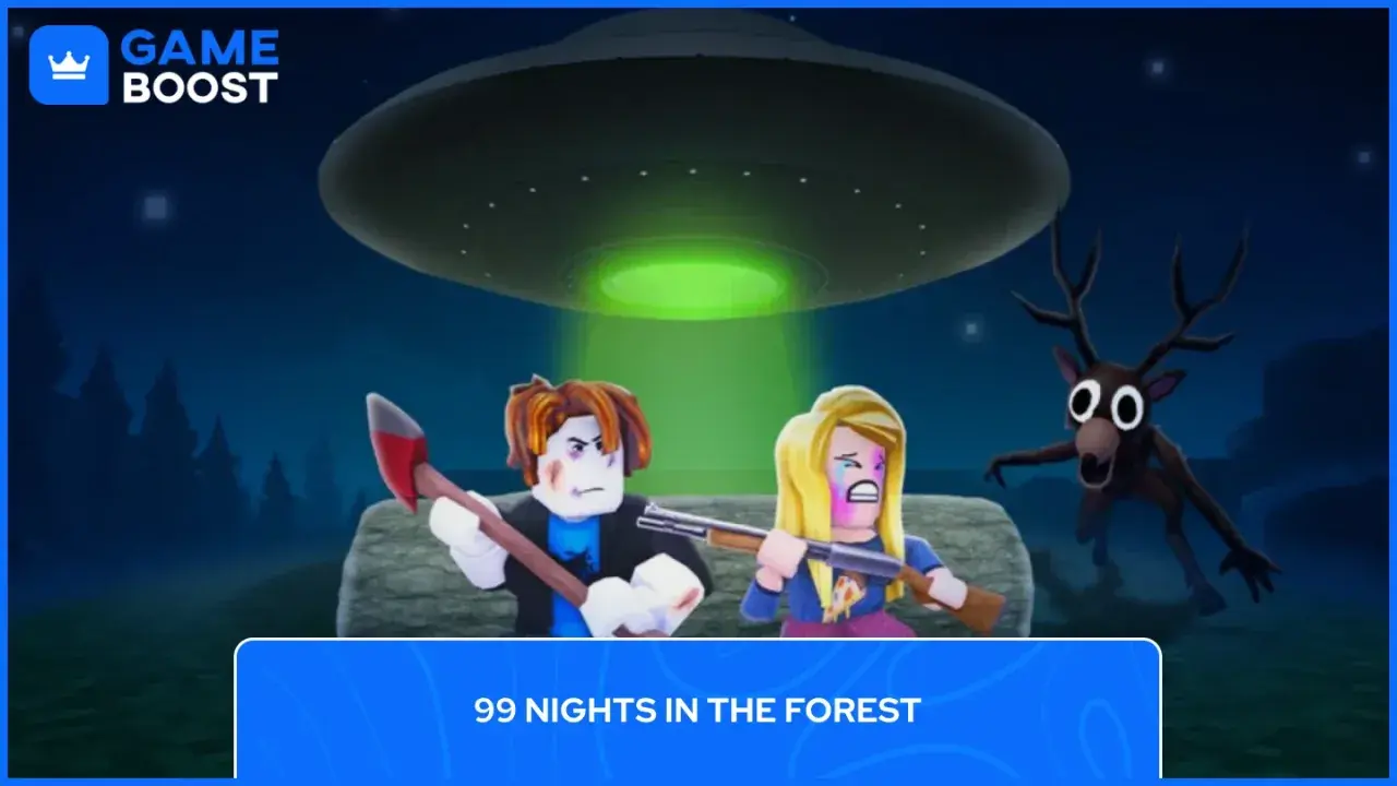 Postacie z gry Roblox w lesie pod UFO, z przerażającym jelonkiem.