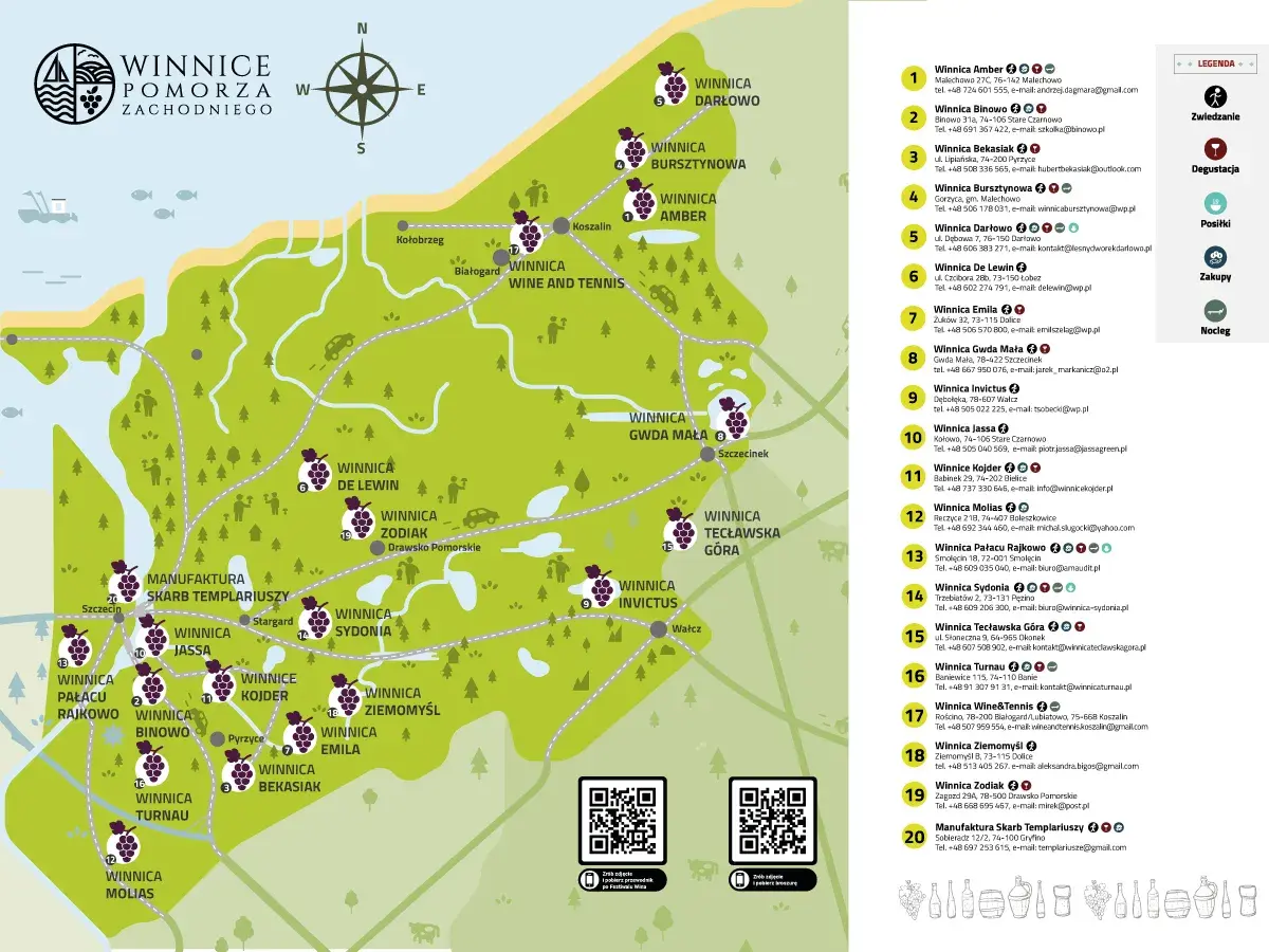 Mapa winnice w Polsce. Zachodniopomorskie winiarnie, od Darłowa po Szczecin, zapraszają na degustacje i zwiedzanie.