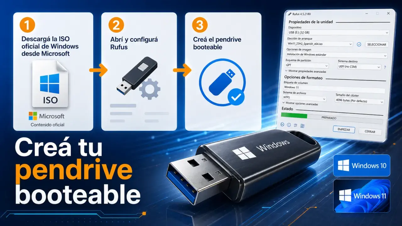 Guía para crear un pendrive booteable de Windows 10 gratis. Descarga la ISO oficial de Microsoft, configura Rufus y crea tu unidad USB.