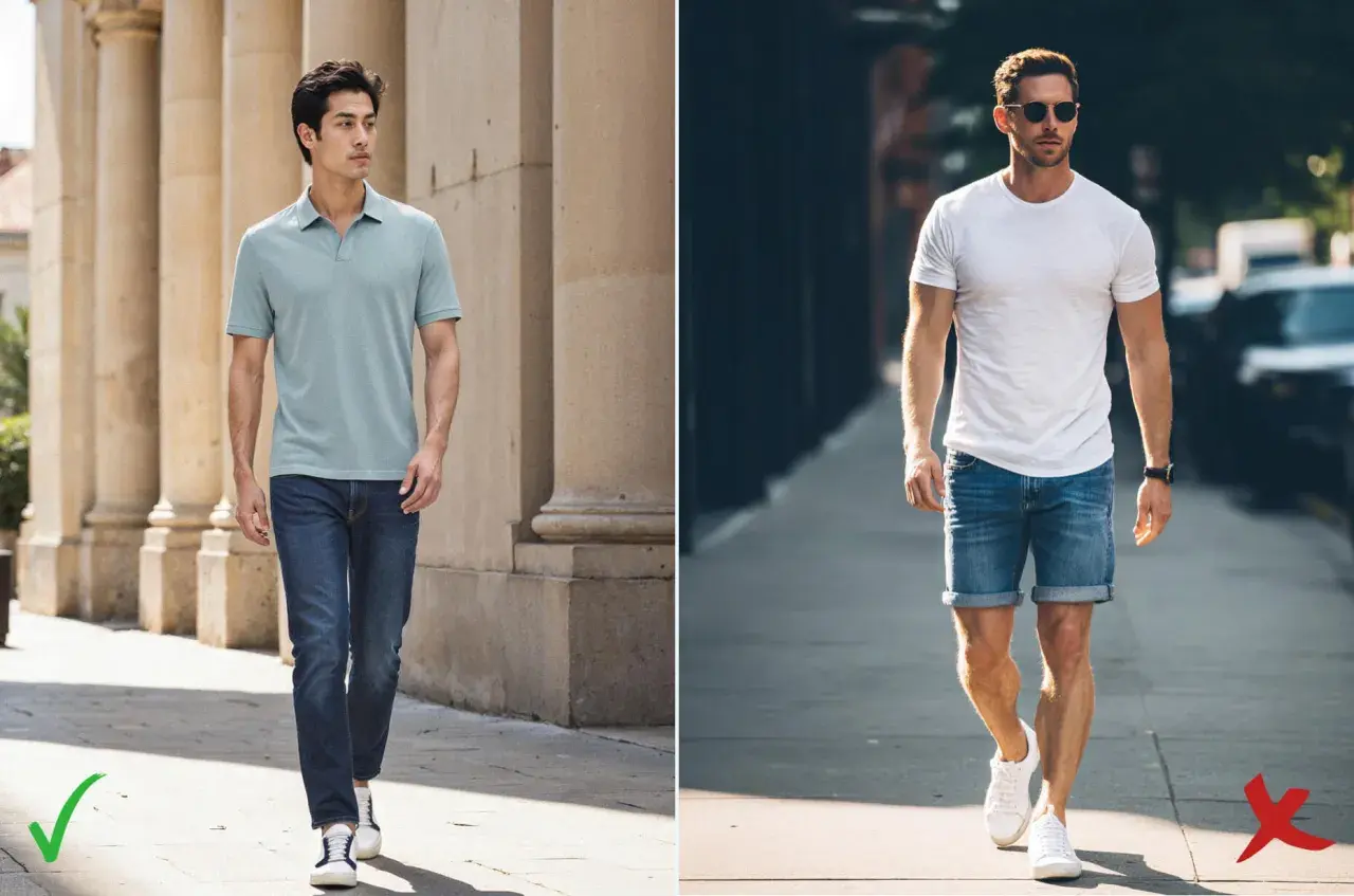 Hombre con atuendo smart casual: polo azul y jeans, o camiseta blanca y shorts vaqueros.
