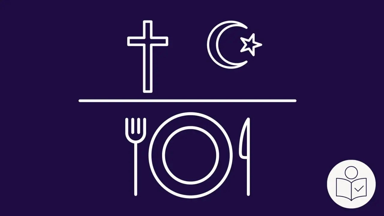 Kreuz und Halbmond über Gedeck. Wann ist christliches Fasten? Ein Symbol für Lernen und Wissen.