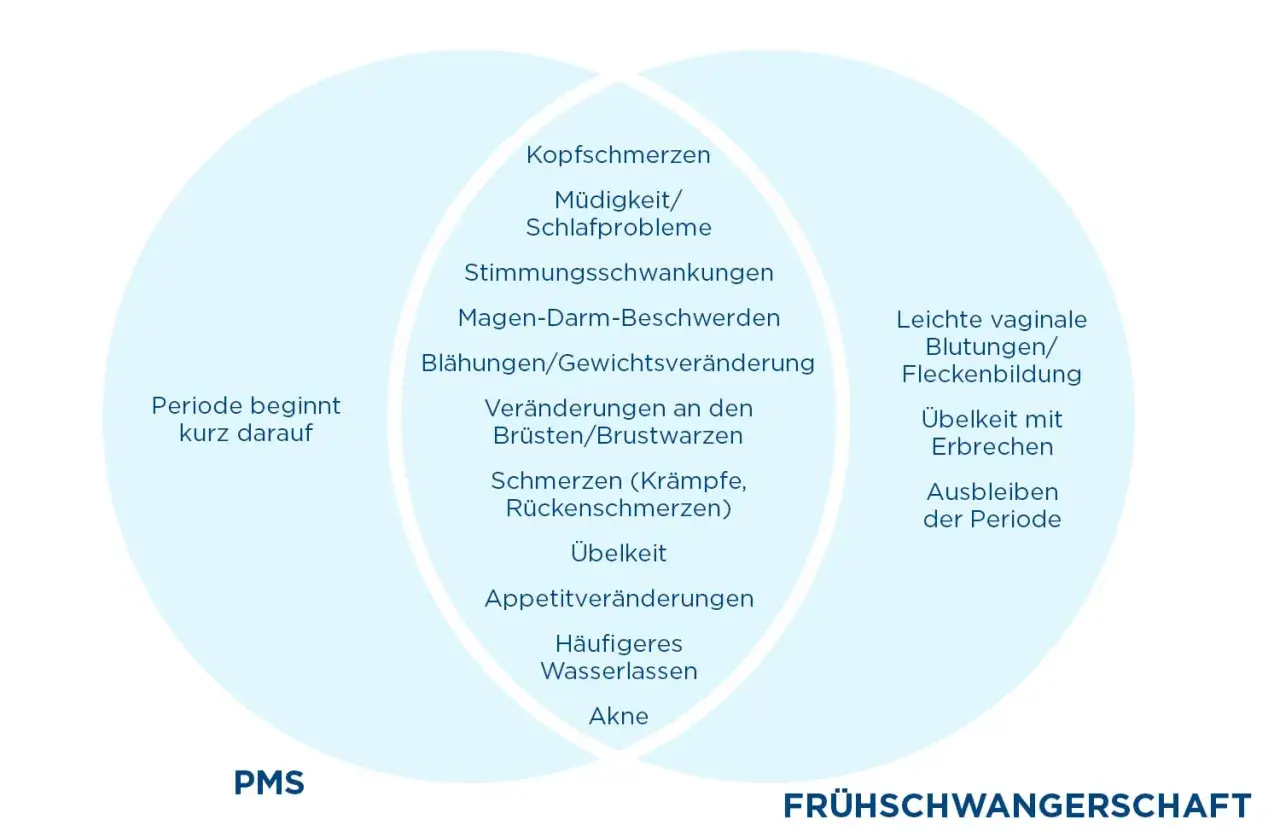 Schlechte Laune vor Periode: Kopfschmerzen, Stimmungsschwankungen, Übelkeit, Akne. Auch frühe Schwangerschaftssymptome wie leichte Blutungen oder Ausbleiben der Periode sind möglich.