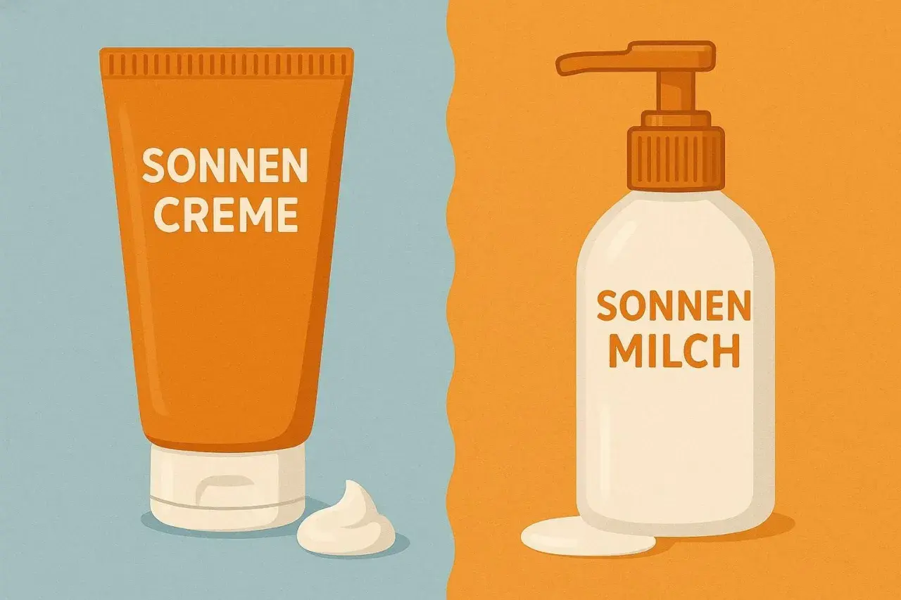 Zwei Produkte für den Sonnenschutz: eine Tube Sonnencreme und eine Flasche Sonnenmilch.