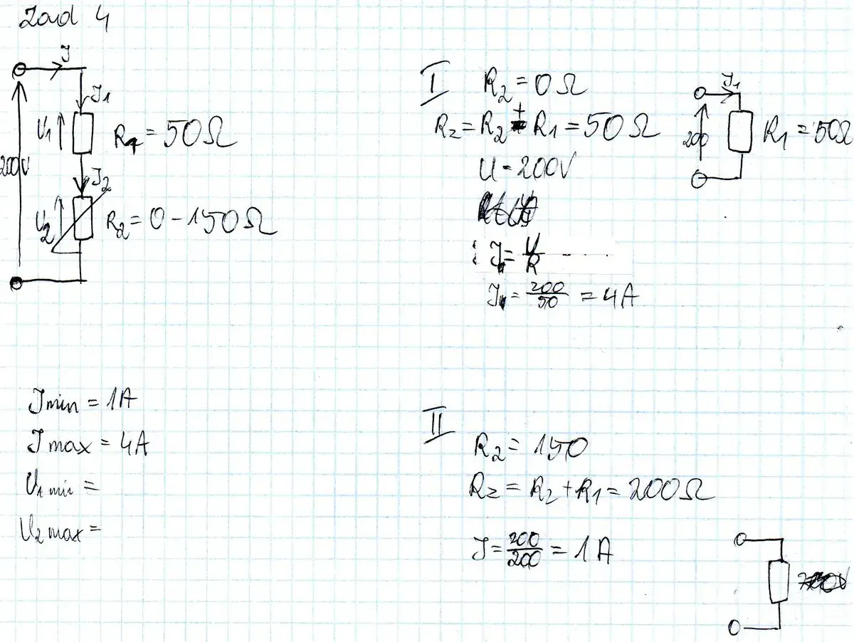 Obliczanie spadku napięcia w obwodzie z rezystancją zmienną R2. Przykład z R1=50Ω, U=200V.