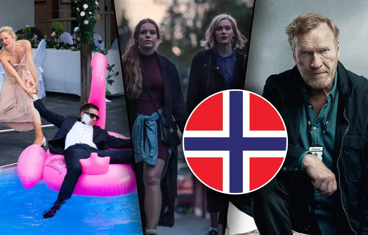 Collage med scener från en norsk serie. En kvinna drar i en mans arm när han sitter på en rosa flamingo i en pool. Två unga kvinnor går. En man med polisbricka.