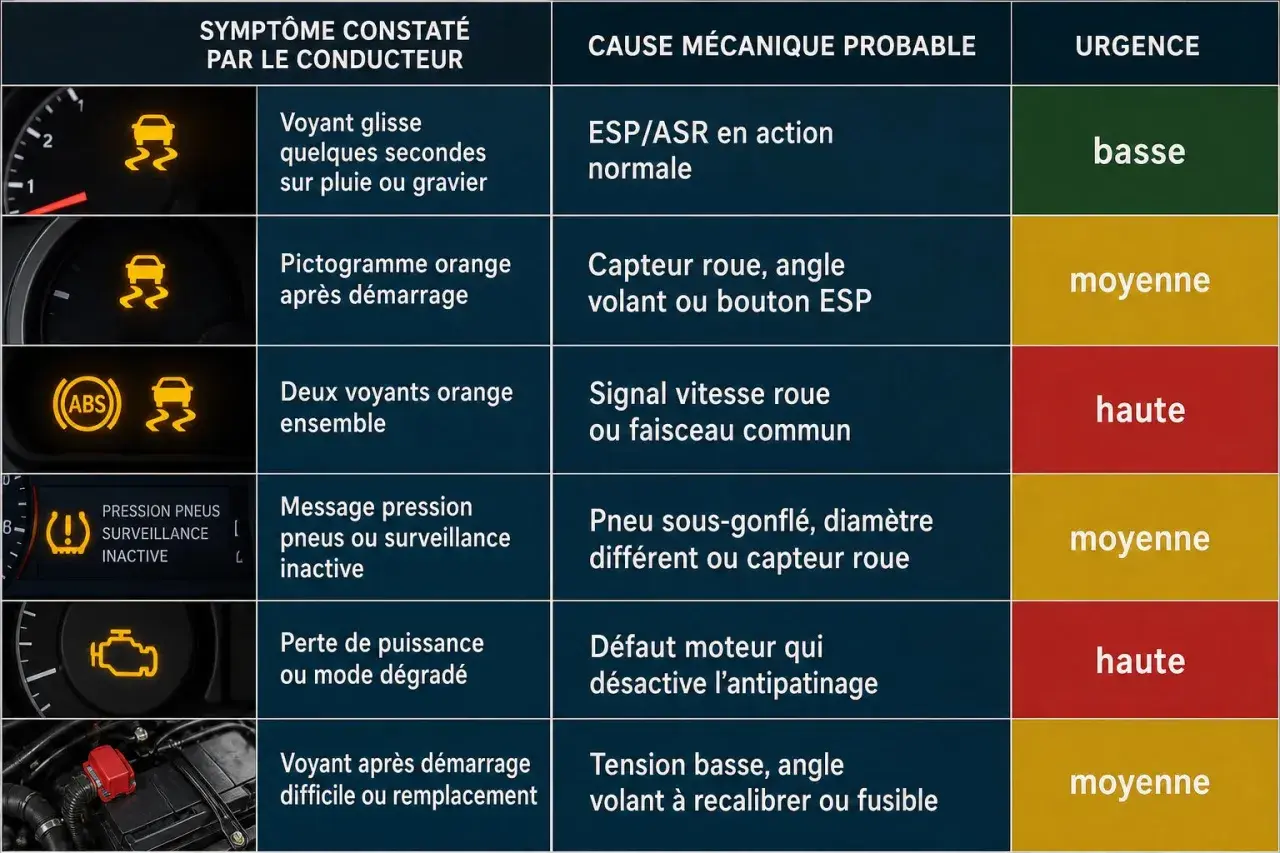 Tableau des voyants de voiture : voyant glisse orange, voyant moteur, ABS, pression pneus. Causes et urgence.
