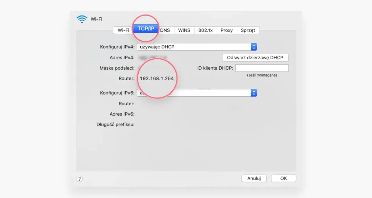 Ustawienia sieciowe TCP/IP, gdzie widoczny jest adres ip routera 192.168.1.254.