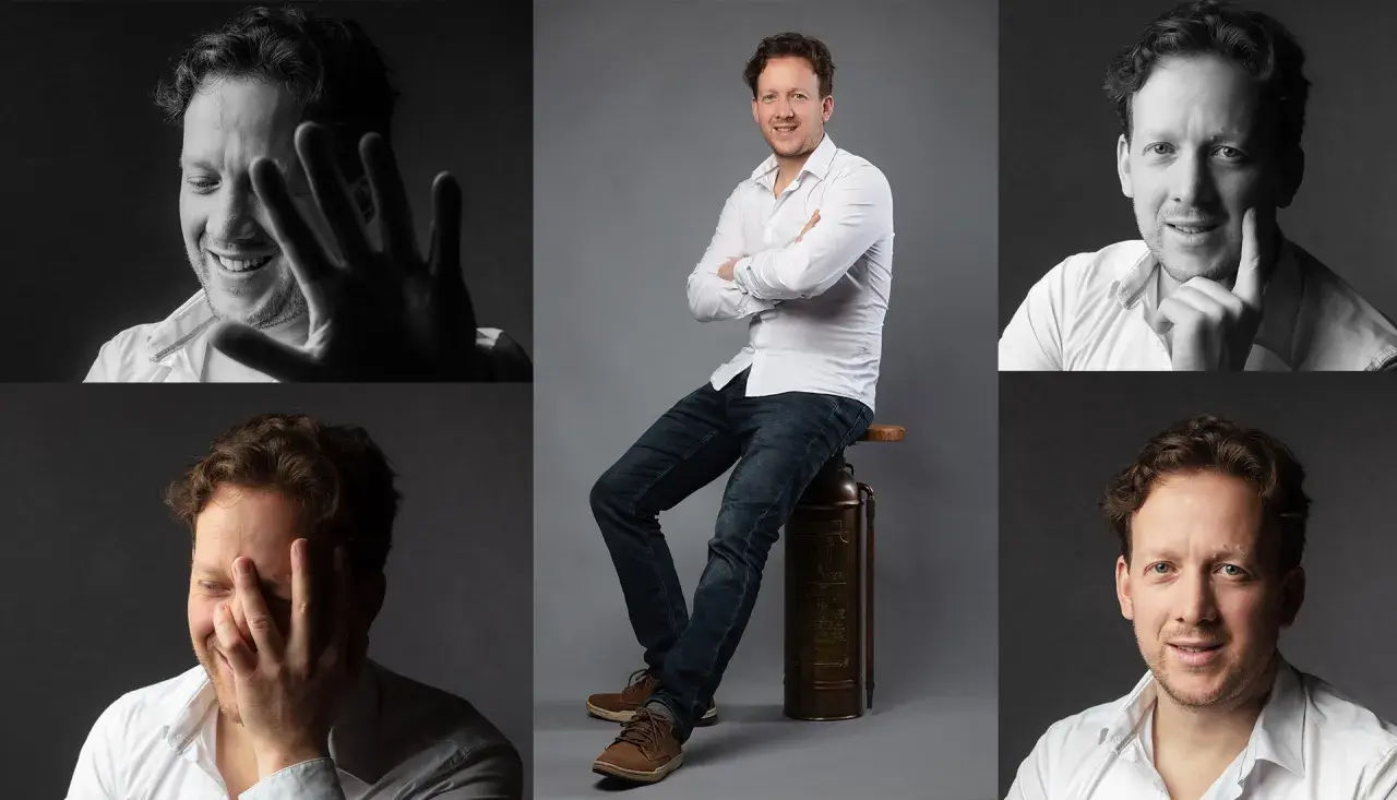 Collage de portraits d'un homme souriant en chemise blanche. Une photo corporate qui capture sa personnalité.