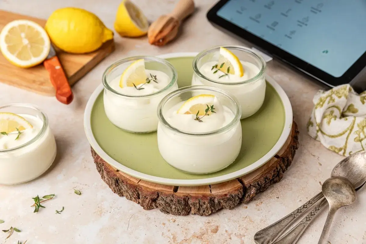 Delicioso mousse de limón thermomix en vasitos, decorado con rodajas de limón y tomillo. ¡Perfecto para un postre refrescante!