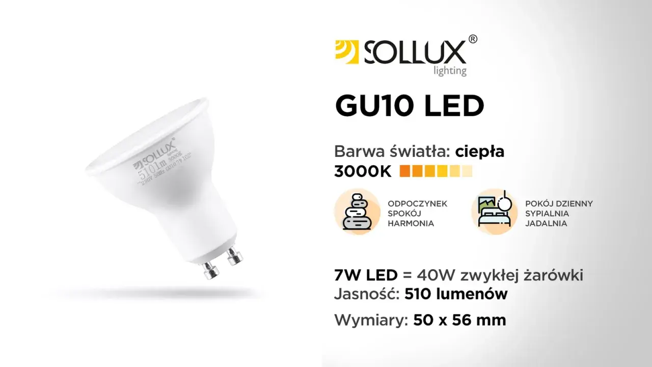 Żarówka LED GU10 7W 510lm 3000K, porównywalna do 40W tradycyjnej. Pokazuje różnicę między żarówkami halogenowymi a retrofitami LED.