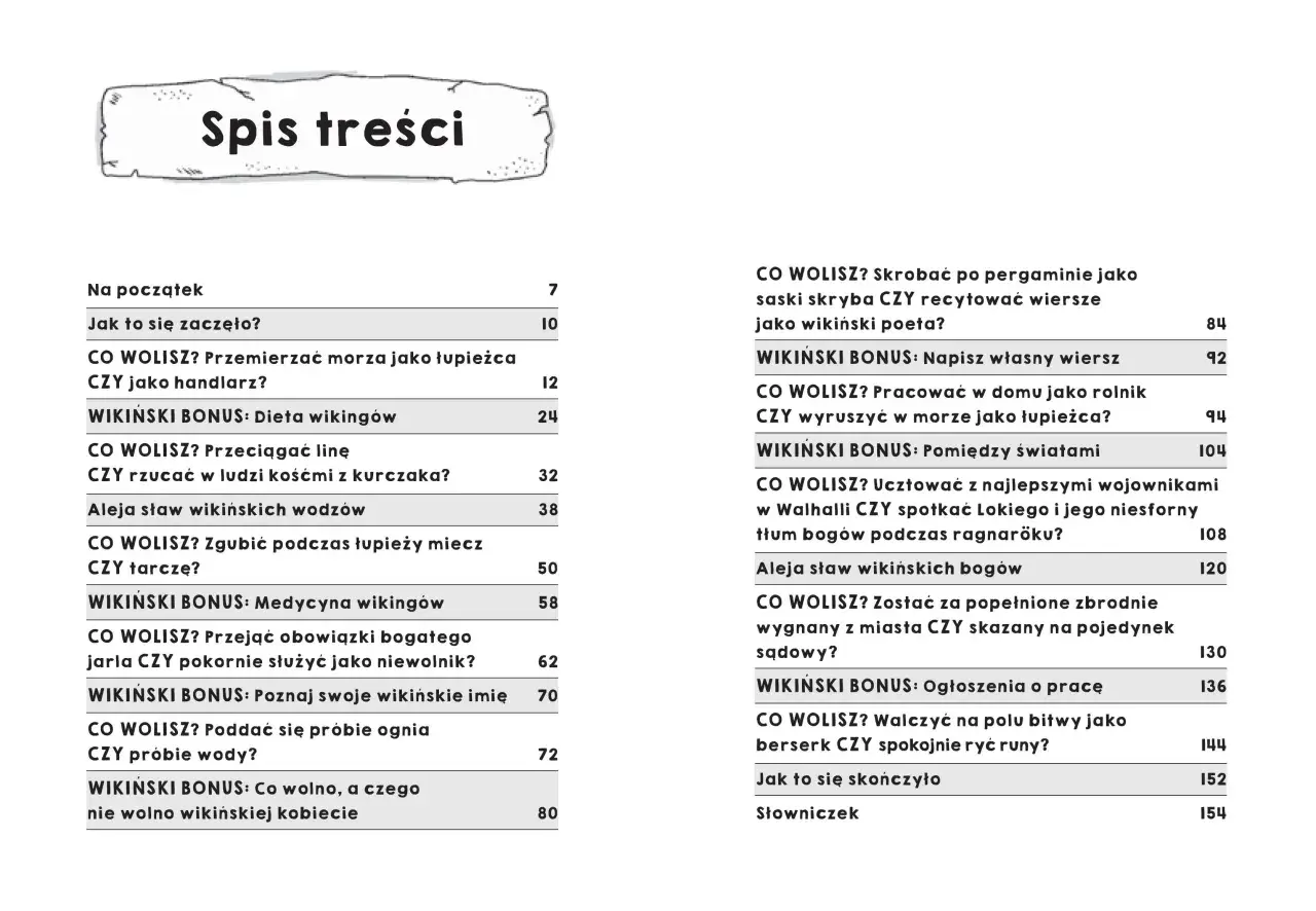 Spis treści z quizami "Co wolisz?" o wikingach, ich życiu, wierzeniach i przygodach.