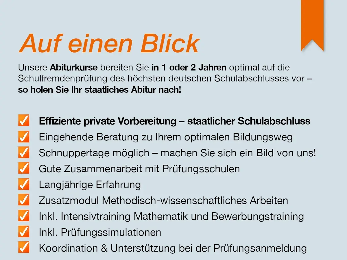 Effiziente Kurse, um Ihr staatliches Abitur online nachzuholen. Beratung, Schnuppertage, Erfahrung & Simulationen für Ihren Erfolg.