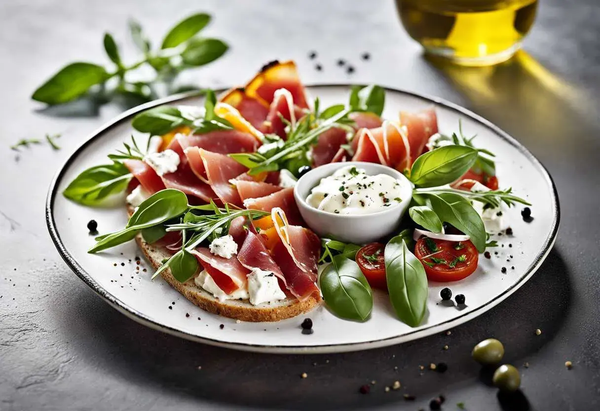 Bruschetta garnie de speck italien, fromage frais, tomates cerises et basilic. Un délice méditerranéen.