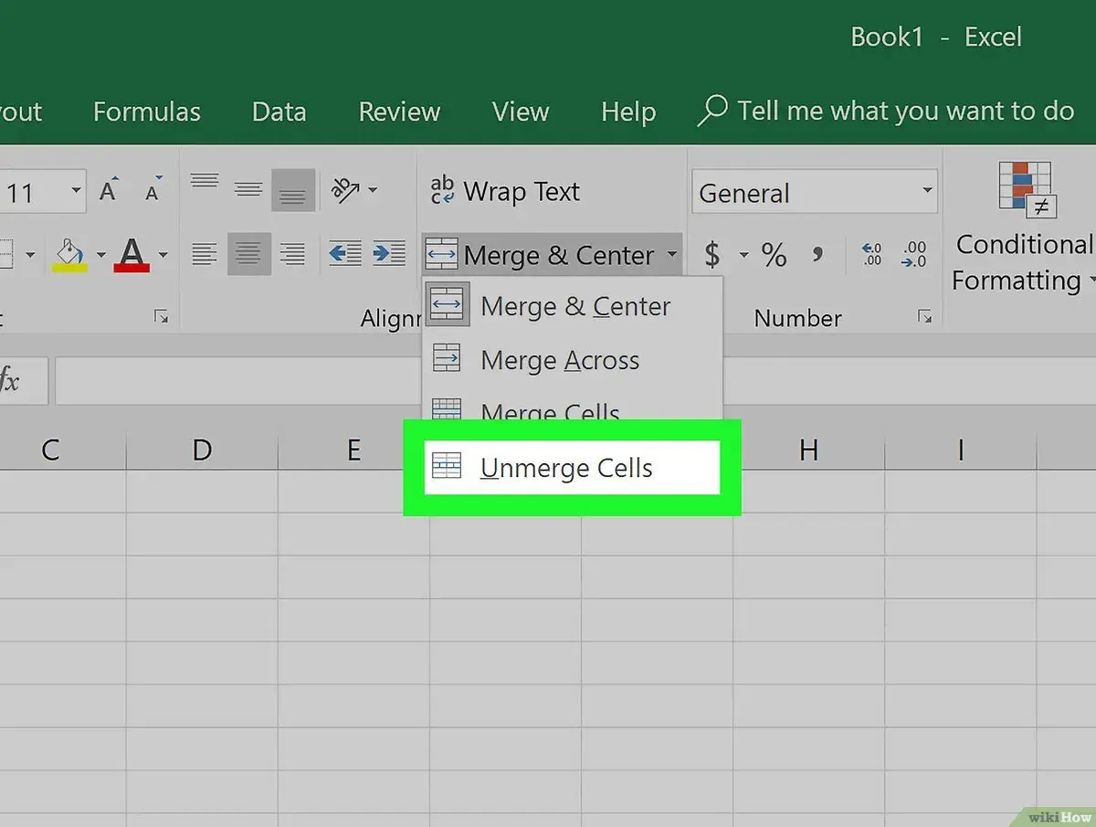 Menu di Excel per dividere cella Excel. Opzione "Dividi celle" evidenziata.