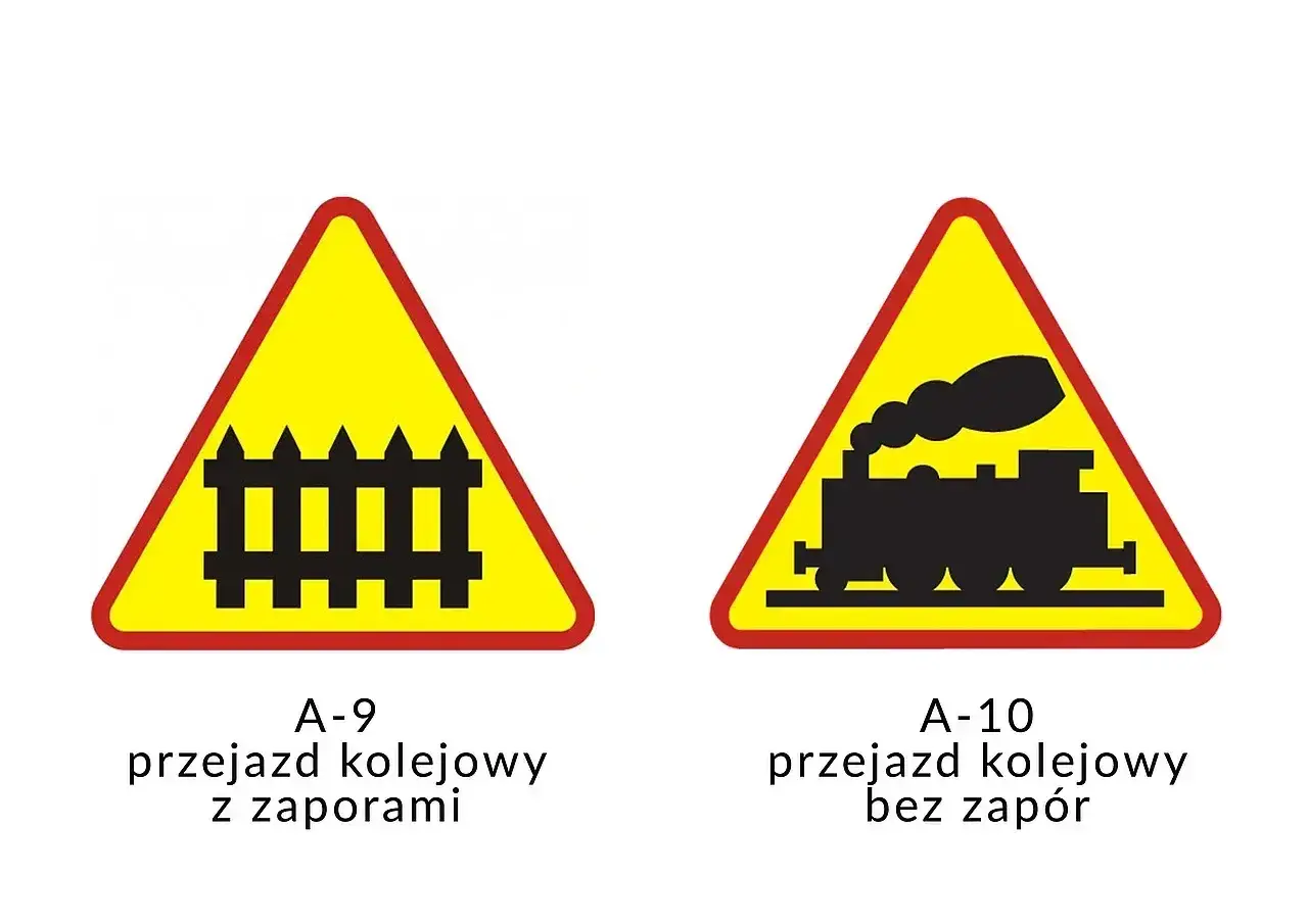 Dwa znaki ostrzegawcze: przejazd kolejowy zaporami (płotek) i przejazd kolejowy bez zapór (lokomotywa).