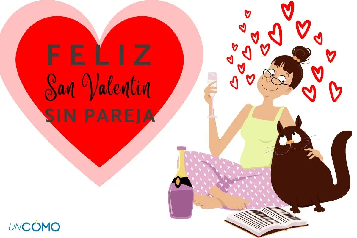 Feliz San Valentín sin pareja. Una mujer celebra con champán y su gato, rodeada de corazones.
