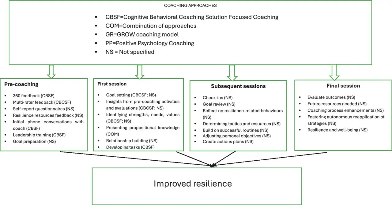 Flowchart detailing systemic coaching stages: pre-coaching, first, subsequent, and final sessions, leading to improved resilience.