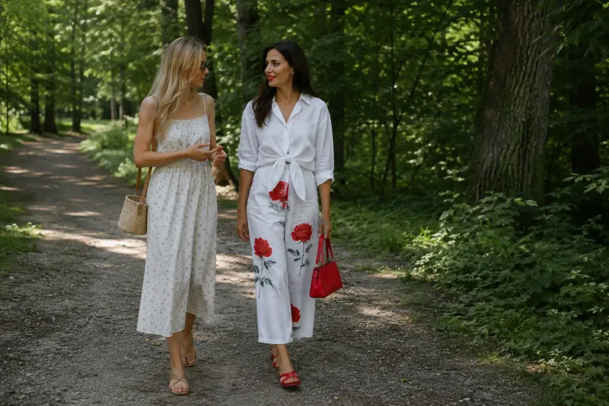 Dwie kobiety spacerują po leśnej ścieżce. Jedna w sukience w drobne kwiatki, druga w eleganckich spodniach w kwiaty z dużymi czerwonymi różami.