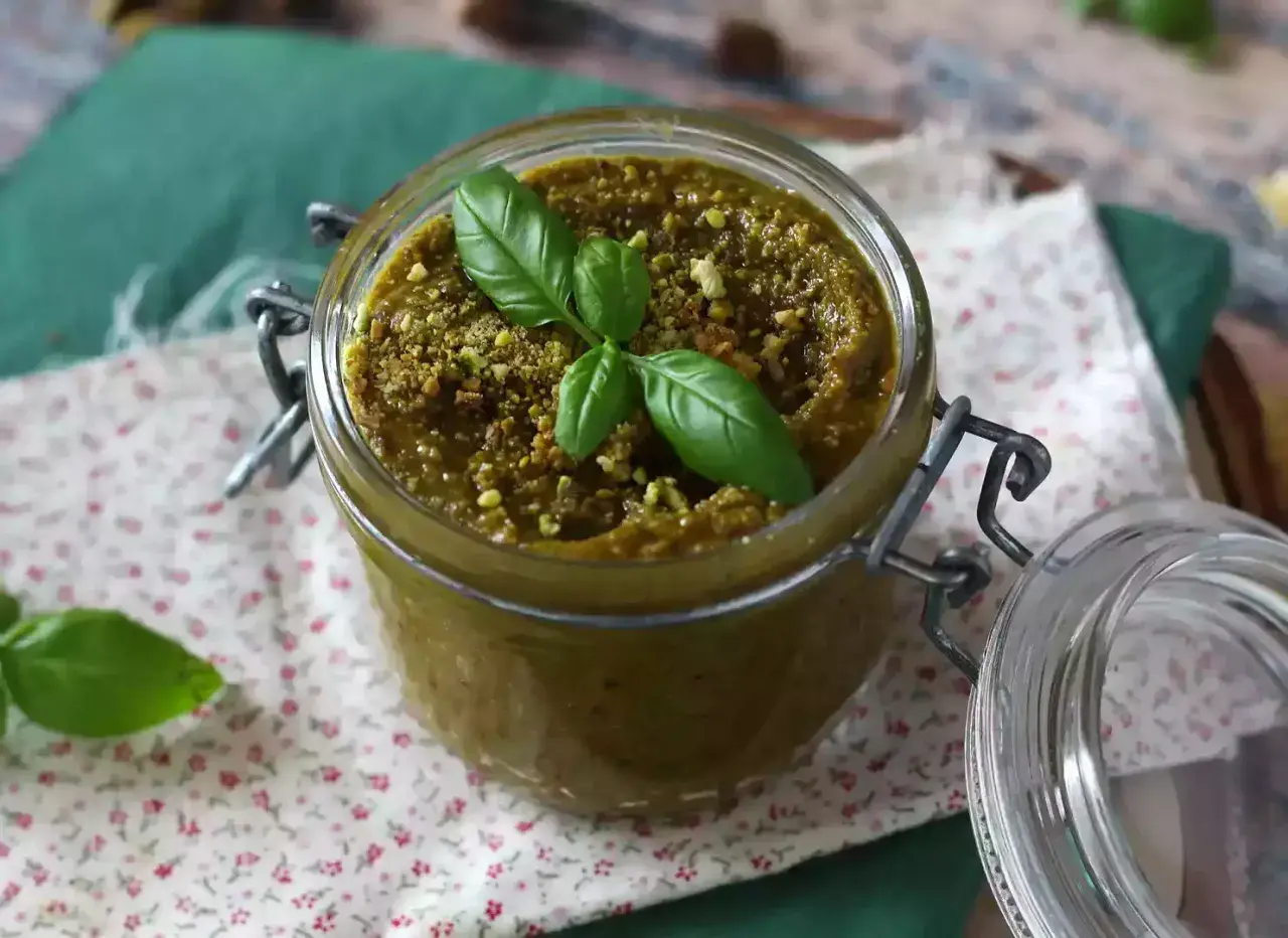 Słoik z domowym pesto pistacjowym, ozdobiony listkami bazylii i posypany pistacjami.