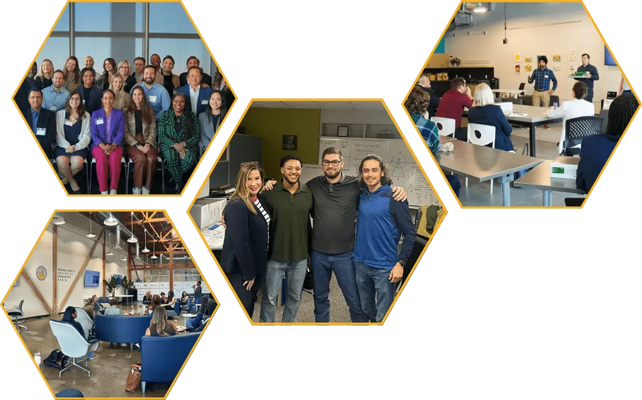 A group of professionals attend a workshop, likely for their MPA degree in California. They collaborate and learn in various settings.