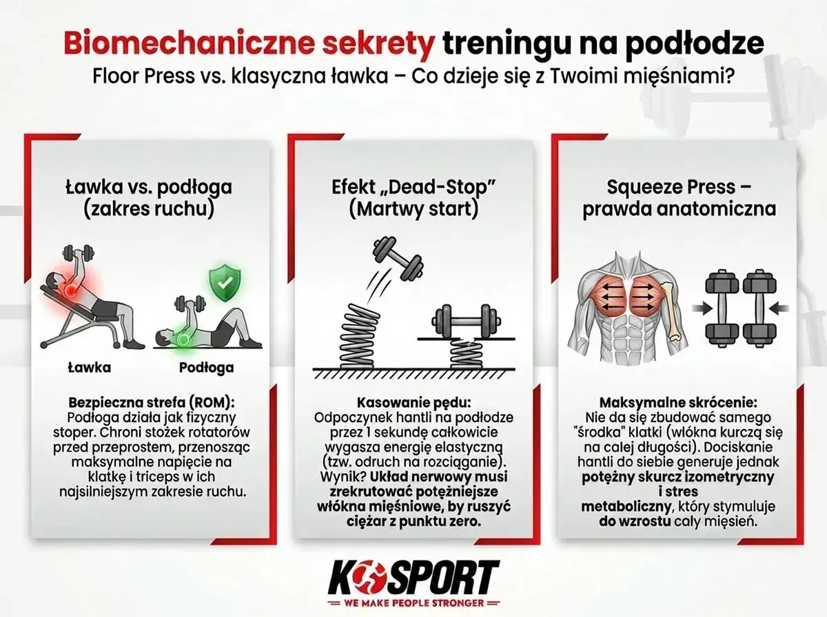 FBW plan: porównanie wyciskania na ławce i podłodze. Podłoga chroni ROM, wyciskanie na podłodze z martwym startem angażuje więcej włókien.