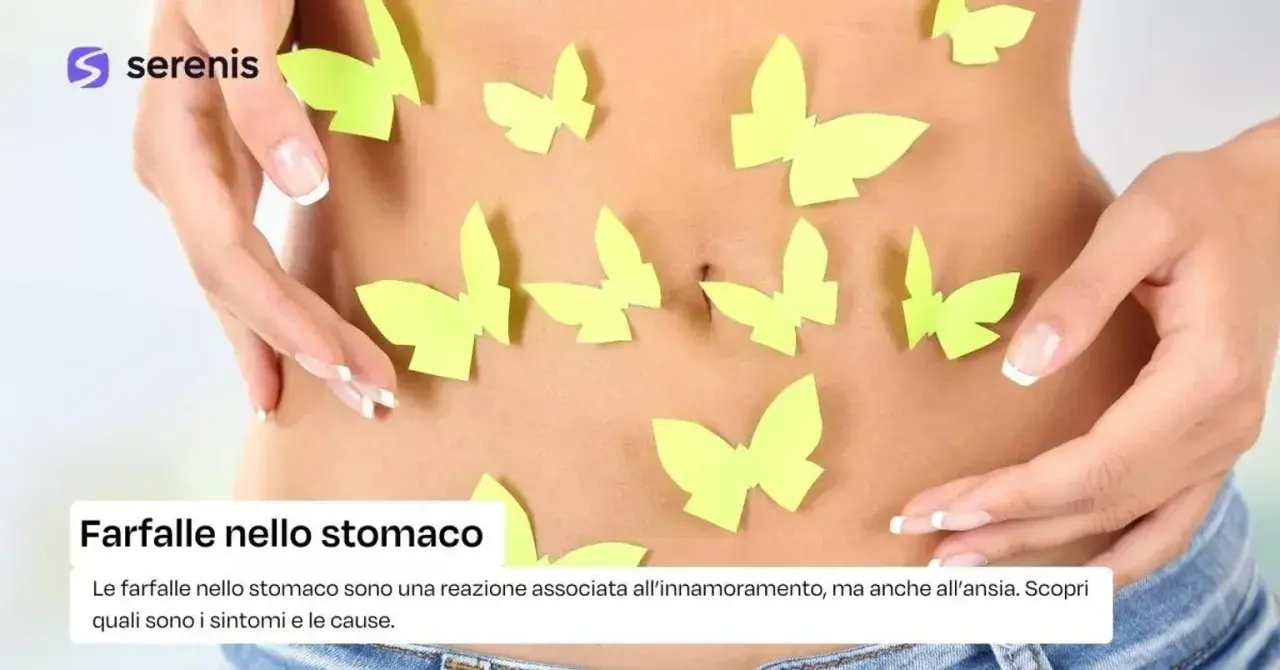 Farfalle nello stomaco, un simbolo di amore o ansia. Mani delicate accarezzano la pancia, circondata da farfalle di carta.